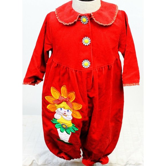 Vtg 1990s Kidzcloz Red Corduroy 1-pc Bubble Jumpsuit Flowers Little Girl Sz 18M - Picture 2 of 12